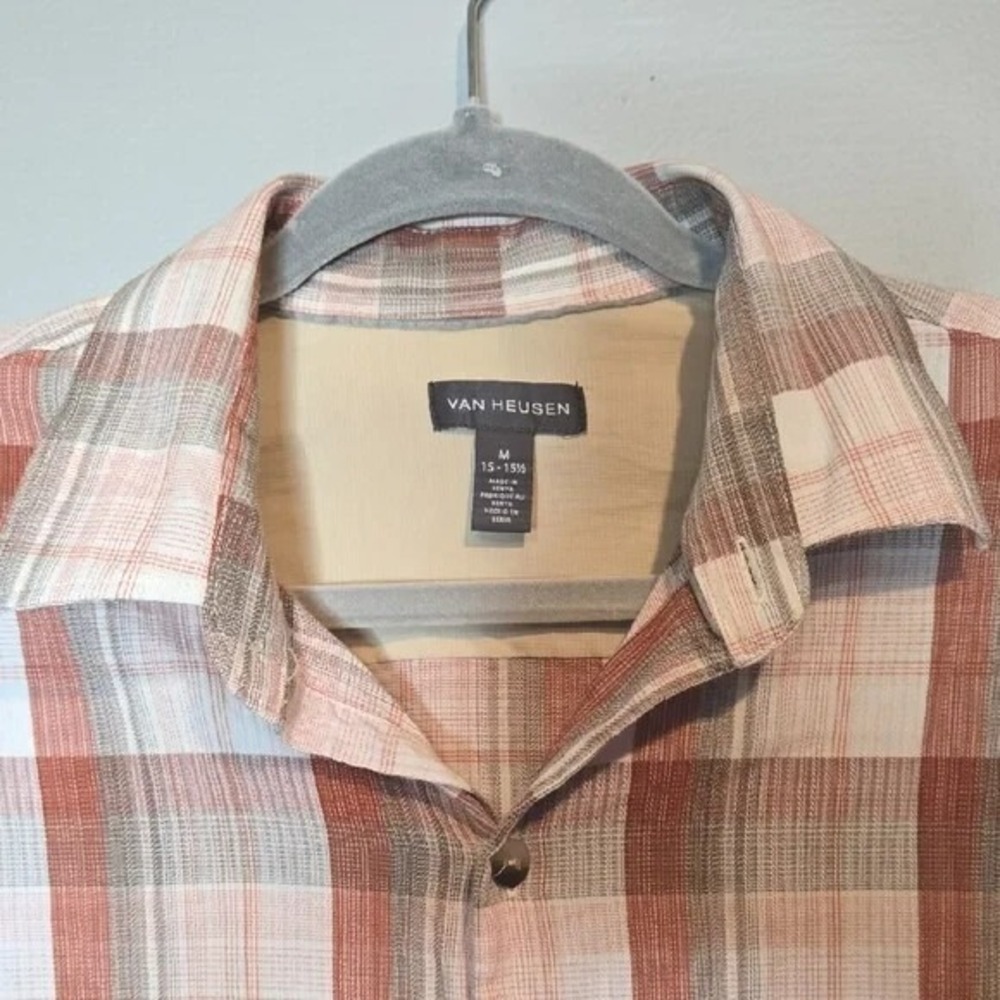 Van Heusen Button-Down Plaid Short Sleeve Shirt Orange White Casual Medium